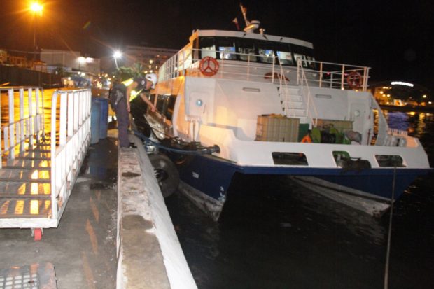 Ocean Jet 12 docks at the Ormoc port after its starboard side rammed into the port’s rubber tender on Monday. Robert Dejon