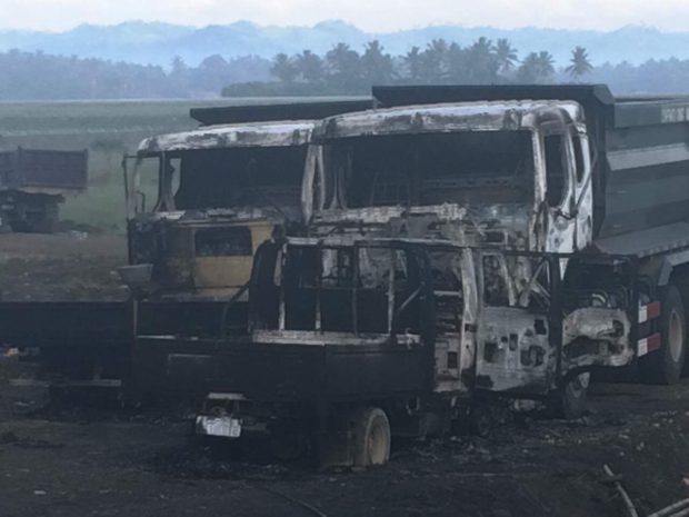 Rebels burned heavy equipment used in the construction of the Bicol International Airport in Daraga, Albay. CONTRIBUTED PHOTO BY ALBAY POLICE