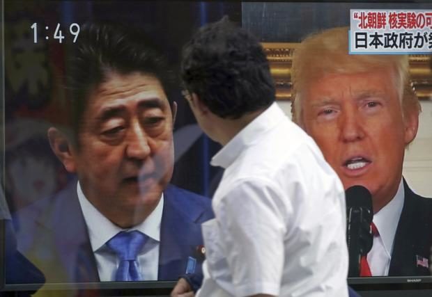 Shinzo Abe and Donald Trump on TV - 3 Sept 2017