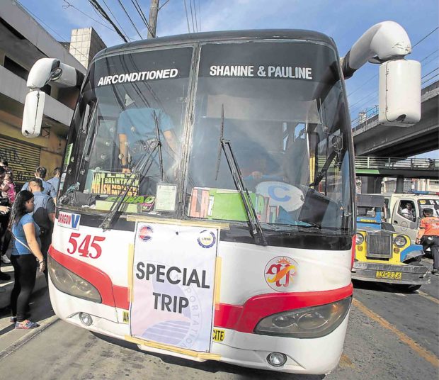 Some local governments deployed buses marked “Special Trip” to ferry commuters stranded by Monday’s transport strike, which came just weeks after another strike (top photo) in July sent jeepney drivers parking their vehicles at Elliptical Circle in Quezon City. —GRIG MONTEGRANDE AND NIÑO JESUS ORBETA
