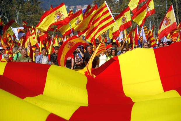 Spain unity march with Spanish and Catalonian flags - 29 October 2017