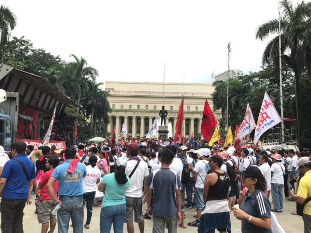 Protesters for the Bonifacio Day rally gather at the Liwasang Bonifacio in Manila before they are scheduled to march toward Mendiola for another demonstration