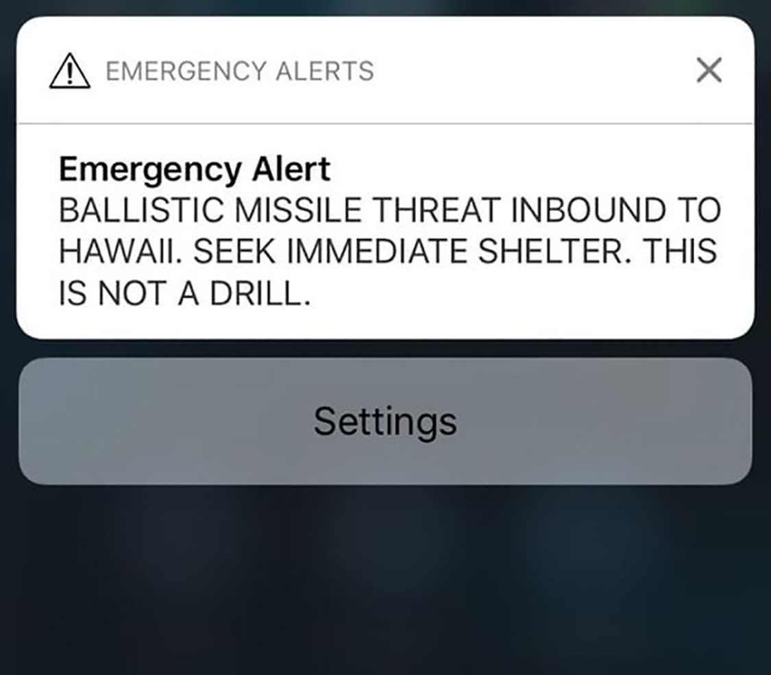 A screen shot take by Hawaiian citizen Alison Teal shows the screen of her mobile phone with an alert text message sent to all Hawaiian citizens on January 13, 2018.  Hawaii officials swiftly confirmed a cell phone alert warning of an incoming ballistic missile was a "false alarm" on January 13, 2018,  but not before the ominous message unnerved residents and stirred confusion across the US state. The warning -- which came across the Emergency Alert System that authorities nationwide use to delivery vital emergency information -- read: "Ballistic missile threat inbound to Hawaii. Seek immediate shelter. This is not a drill." / AFP PHOTO / Alison TEAL