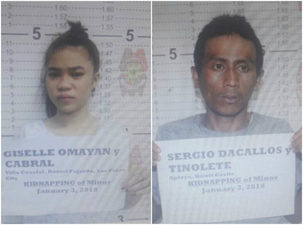 Giselle Omayan (left) and Cerio Cinolete, suspects in the abduction of a 3-year-old girl. Photo from Southern Police District Public Information Office.