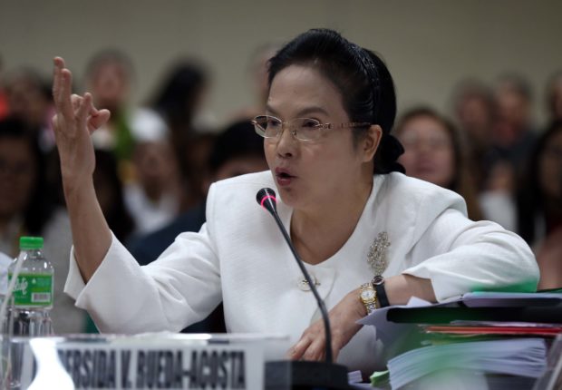 FEBRUARY 21, 2018 PAO chief Dr. Persida Rueda Acosta testifies during the Senate probe into Dengvaxia controversy. INQUIRER PHOTO/LYN RILLON