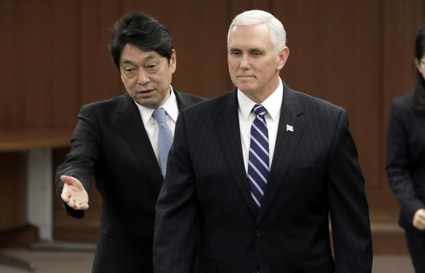 Itsunori Onodera and Mike Pence - Defense Ministry in Tokyo - 7 Feb 2018