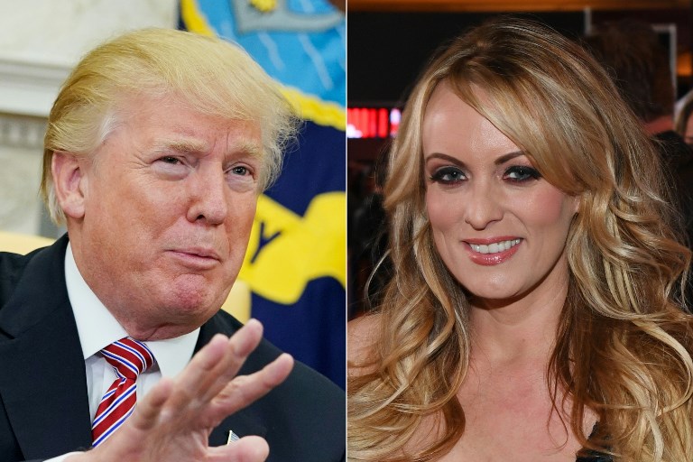 (FILES): This combination of file pictures created on February 14, 2018 shows US President Donald Trump speaking during a meeting with bipartisan members of Congress on infrastructure in the Cabinet Room of the White House on February 14, 2018 in Washington, DC; and adult film actress/director Stormy Daniels as she hosts a Super Bowl party at Sapphire Las Vegas Gentlemen's Club in Las Vegas, Nevada, February 4, 2018.   Porn star Stormy Daniels will go to court on July 12 in a bid to dissolve an agreement stopping her discussing an affair she says she had with President Donald Trump, according to court papers published on March 14, 2018. Lawyer Michael Avenatti filed a lawsuit on behalf of Daniels last week seeking to toss out the confidential settlement she signed just days before the November 2016 election.The lawsuit alleges that Daniels, whose real name is Stephanie Clifford, began an "intimate relationship" with Trump in the summer of 2006 that continued well into 2007.  / AFP PHOTO / GETTY IMAGES NORTH AMERICA AND AFP PHOTO / MANDEL NGAN AND Ethan Miller