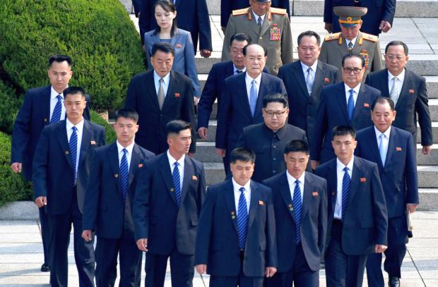 Kim Jong Un with security personnel