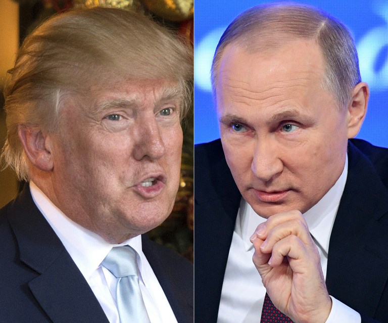 (COMBO) This combination of file pictures created on December 30, 2016 shows a file photo taken on December 28, 2016 of US President-elect Donald Trump (L) in Palm Beach, Florida; and a file photo taken on December 23, 2016, of Russian President Vladimir Putin speaking in Moscow.  US President Donald Trump said on July 12, 2018 he would bring up allegations of Russian meddling in the 2016 election when he meets Vladimir Putin in Helsinki next week. Asked during a press conference in Brussels what he will discuss with the Russian president, Trump replied: "We will be asking about Syria, I will be asking about meddling, your favourite question."  / AFP PHOTO / DON EMMERT AND Natalia KOLESNIKOVA
