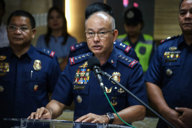 JULY 16, 2018 PNP Chief Oscar Albayalde presents the suspected gunmen in a diagram in the killing of Mayor Ferdinand Bote of Gen, Tinio, Nueva Ecija namely Robert Gumacag and Florencio Suarez in a press briefing at NHQ, Camp Crame. The suspects were caught at a checkpoint in Camarines Sur. A public contractor named Christian Saquilabon is the alleged mastermind behind the killing. INQ PHOTO/ JAM STA ROSA