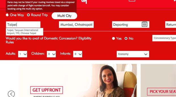 Air India website screenshot