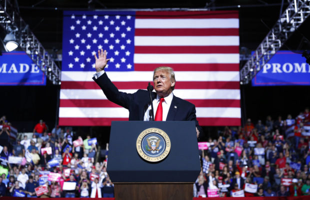 President Donald Trump speaks at a campaign rally at WesBanco Arena, Saturday, Sept. 29, 2018, in Wheeling, W.Va. (AP Photo/Pablo Martinez Monsivais)