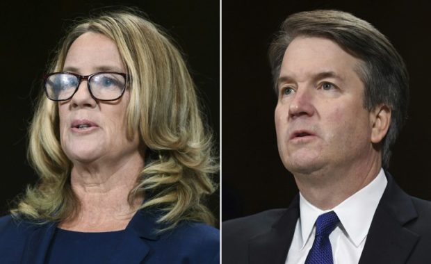 (COMBO) This combination of file pictures shows the September 27, 2018 swearing-in of Dr. Christine Blasey Ford (L), the woman accusing Supreme Court nominee Brett Kavanaugh (R), being sworn-in later that day, of sexually assaulting her at a party 36 years ago, during testimony during Kavanaugh's US Senate Judiciary Committee confirmation hearing on Capitol Hill in Washington, DC. The Kavanaugh nomination has turned into a political firestorm ahead of November congressional elections -- in which Republicans will battle to keep control of Congress -- and is threatening to derail Trump's push to get a conservative-minded majority on the top court ahead of the vote. / AFP PHOTO / POOL / SAUL LOEB