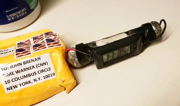 bomb This image obtained Wednesday, Oct. 24, 2018, and provided by ABC News shows a package addressed to former CIA head John Brennan and an explosive device that was sent to CNN's New York office. (ABC News via AP) bomb bomber cesar sayoc