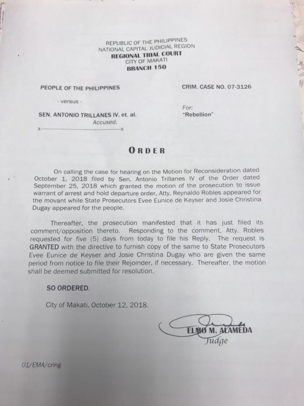 DOJ opposes bid of Trillanes camp to set aside arrest order for rebellion