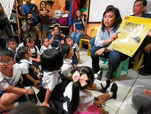 TALE OF ‘YELLOW’ BOY Vice President Leni Robredo tells reporters that she personally likes reading the storybook “Digong Dilaw” to children because of its “irony” and “representation.” —MARIANNE BERMUDEZ