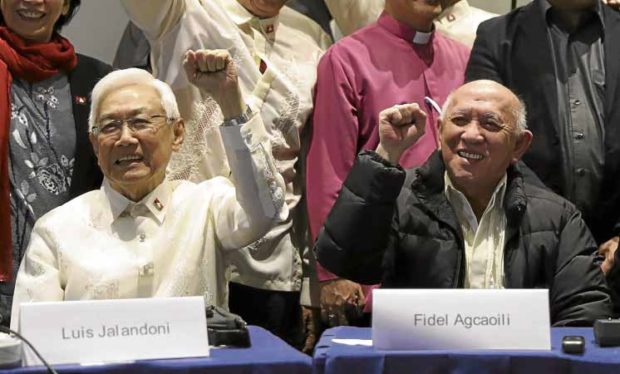 NO HOMECOMING Luis Jalandoni (left) and Fidel Agcaoli, leaders of the National Democratic Front of the Philippines, have aborted plans of coming home to the Philippines, saying that without a meeting with President Duterte, it would be fruitless to talk with his representatives. —AP