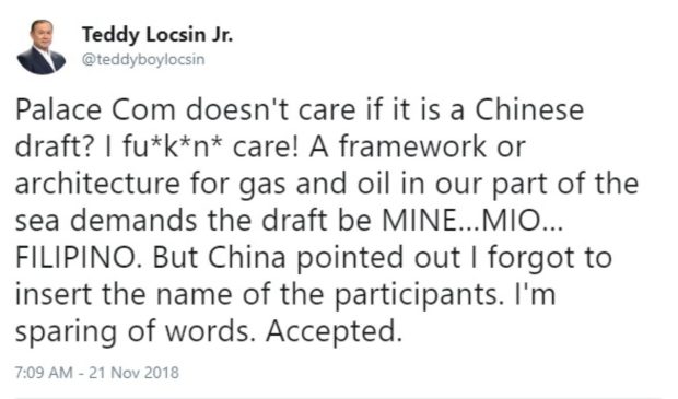 20181121 Teddy Boy Locsin Tweet China Philippines Draft Deal_web