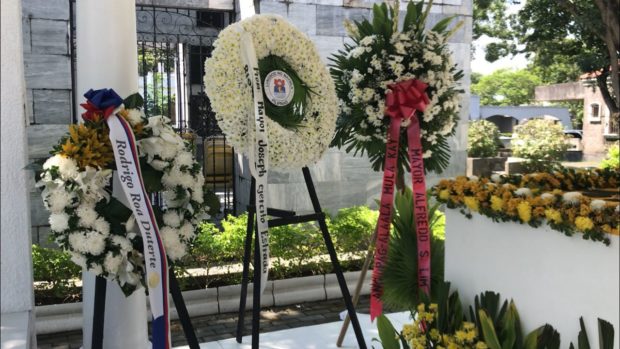 A wreath from President Rodrigo Duterte can be seen at the gravesite of Ninoy and Cory Aquino. CATHY MIRANDA, INQUIRER.net