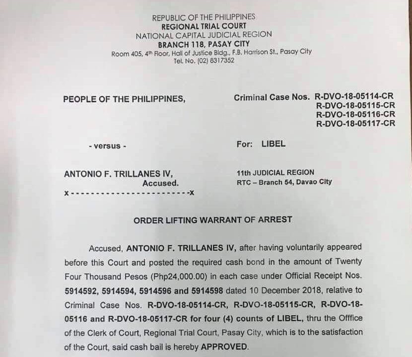 LOOK: Order of Pasay Court lifting Trillanes’ arrest warrant 