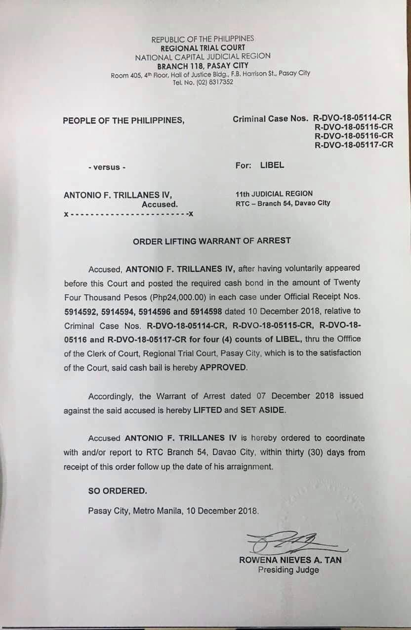 LOOK: Order of Pasay Court lifting Trillanes’ arrest warrant 