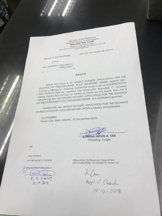 Pasay prosecutor withdraws precautionary HDO vs Trillanes