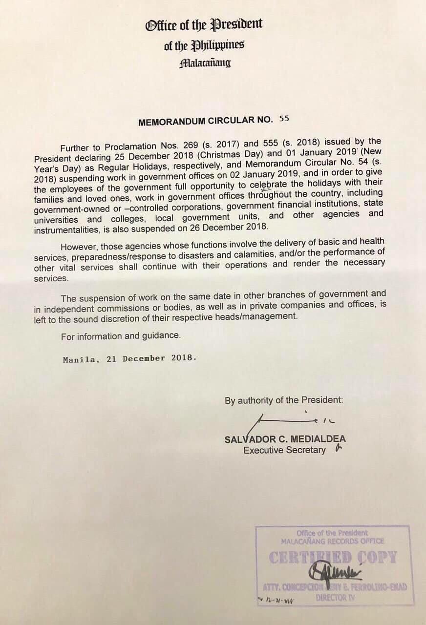 Palace suspends government work nationwide on Dec 26