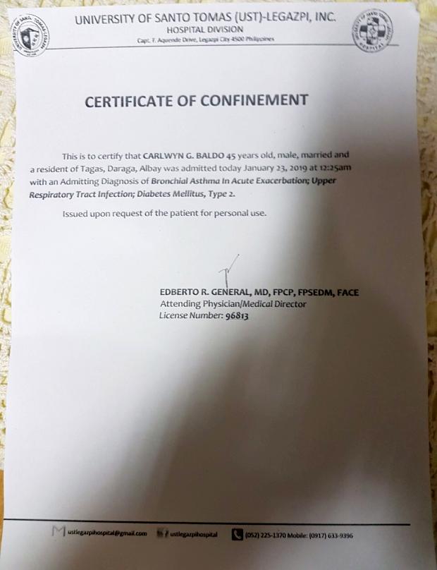 UST-Legazpi Hospital certificate of confinement