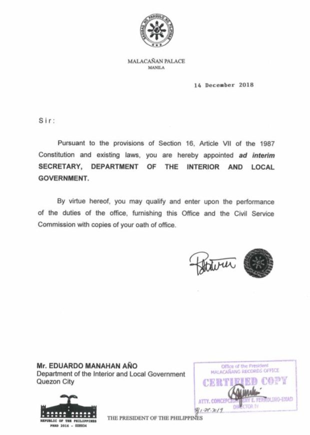 Duterte reappoints bypassed secretaries Año, Bautista