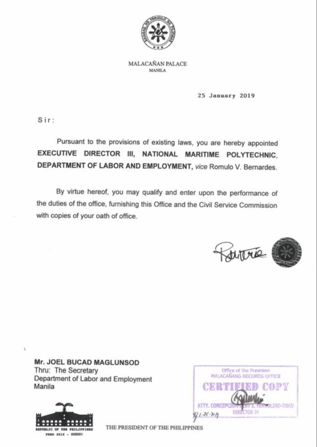 Duterte reappoints Joel Maglunsod months after he fired him