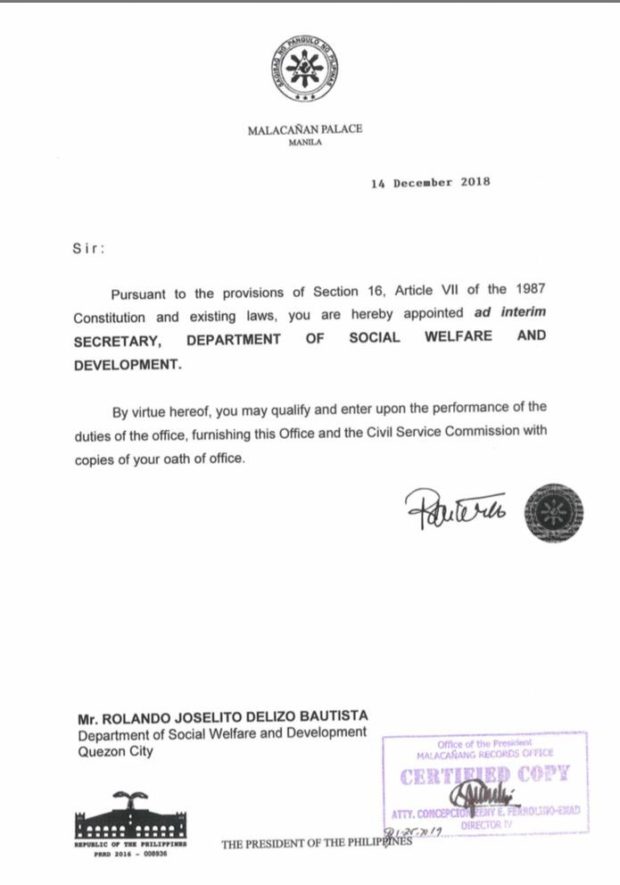 Duterte reappoints bypassed secretaries Año, Bautista