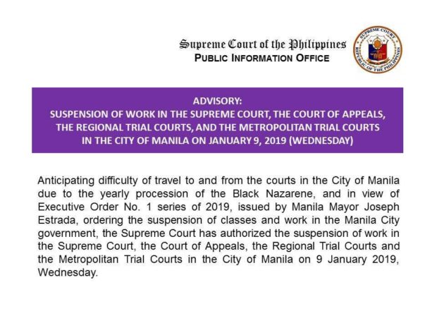 SC: Work suspended for Manila courts on Jan. 9 due to Traslacion