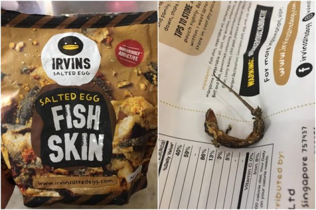 A Bangkok customer found a dead lizard coated with salted egg in a half-eaten packet. PHOTOS: FACEBOOK/JANE HOLLOWAY via The Straits Times/Asia News Network