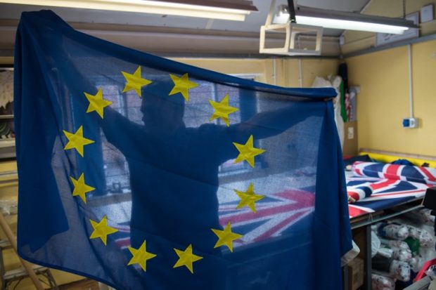 Andy Ormrod, the owner of Flying Colours Flagmakers Ltd, inspects a newly produced European Union (EU) flag in their premises in Knaresborough, northern England on February 7, 2019. - At a flag-making workshop in northern England, orders for Unions Flags are flying while the EU's blue-and-yellow standard is proving less and less popular. Flying Colours, which makes flags for Britain's royal palaces, has seen EU flag orders drop by 90 percent since the country voted to leave the bloc in 2016. (Photo by OLI SCARFF / AFP)