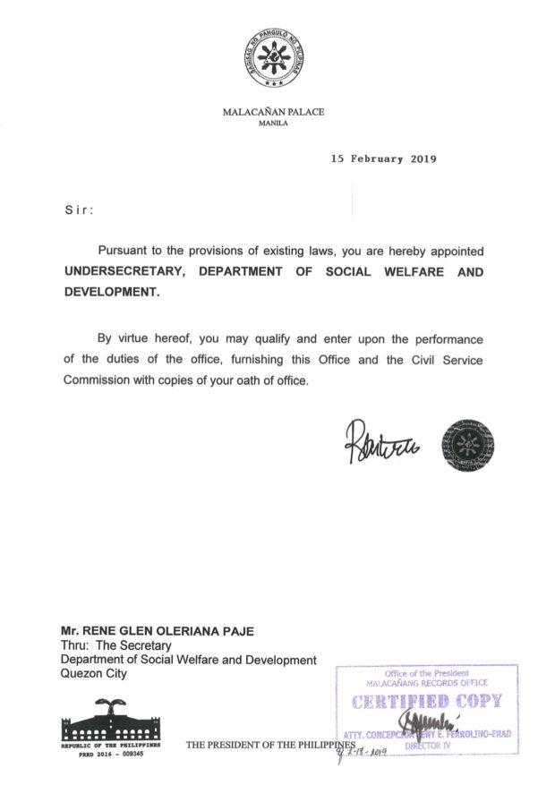 Appointment Paper DSWD undersecretary