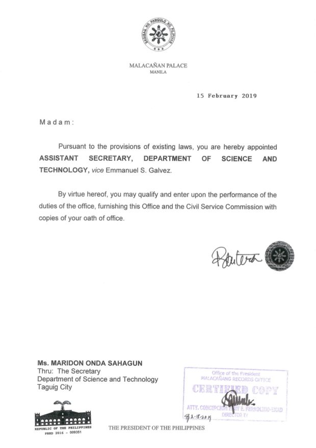 Appointment Paper Maridon Sahagun