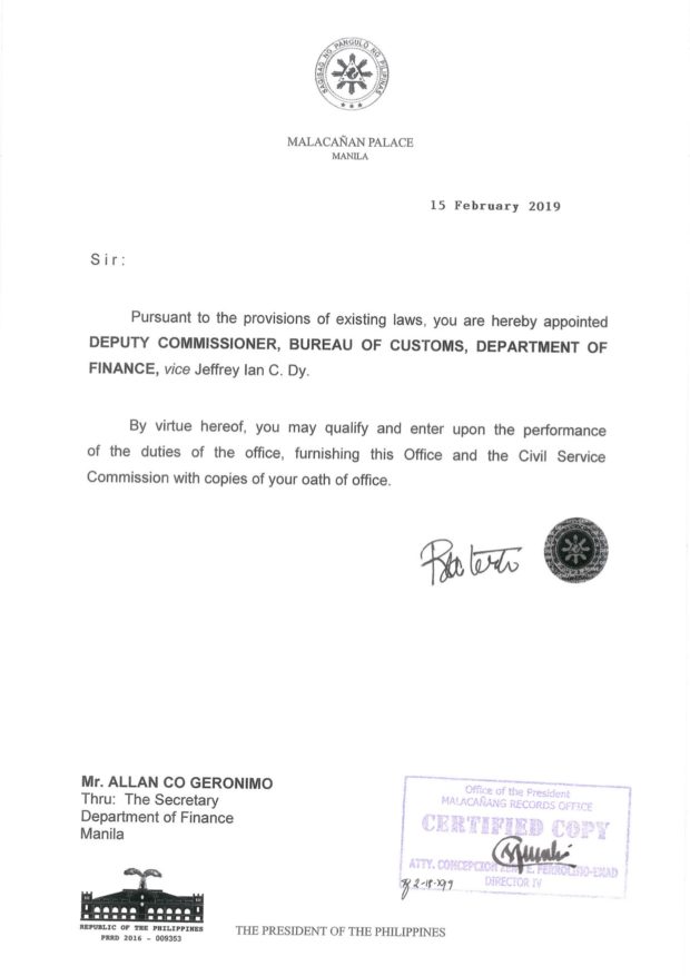 Appointment Papers Allan Co Geronimo