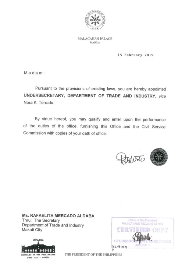 Appointment Papers Rafaelita Aldaba