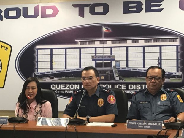 Acting Quezon City Mayor Joy Belmonte, National Capital Region Police Office (NCRPO) chief Guillermo Eleazar, and Quezon City Police District (QCPD) Director Chief Supt. Joselito Esquivel Jr. face media on Sunday (February 3, 2019) as they present the suspects and pieces of evidence in the killing of Barangay Bagong Silangan chair Crisell Beltran. Photo by Christia Ramos/INQUIRER.net