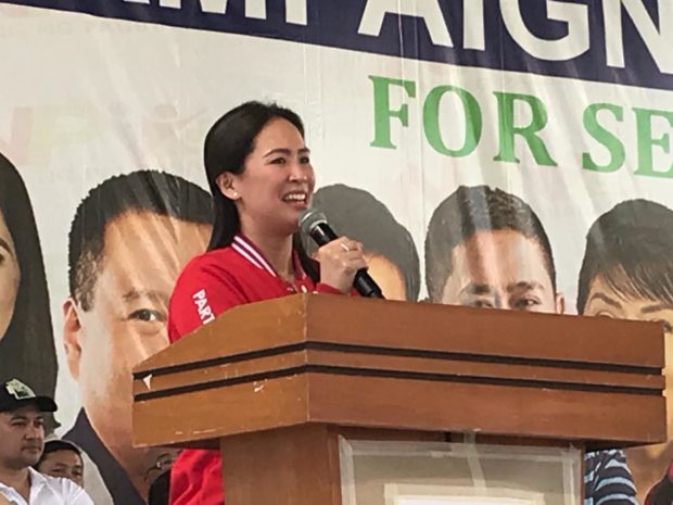 Kathrina Yu-Pimentel, wife of Senator Aquilino “Koko” Pimentel III, attends the first stretch of the campaign of Hugpong ng Pagbabago in Pampanga on Tuesday, Feb. 12, on behalf of her husband. Cathrine Gonzales / INQUIRER.net.