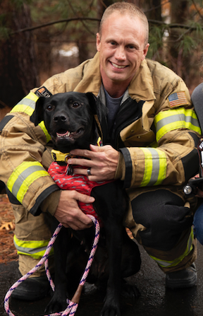 firefighter adopts dog