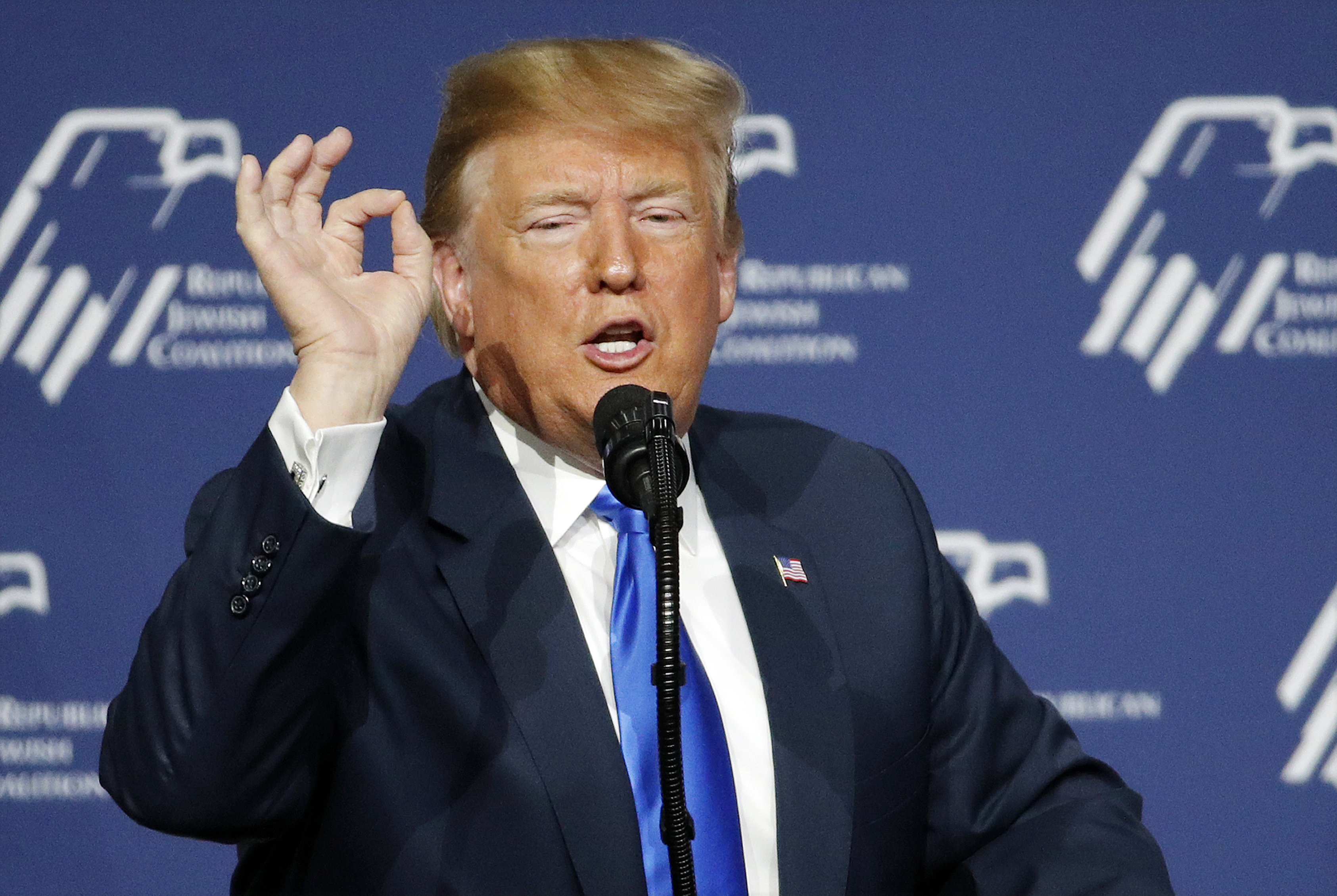 In this April 6, 2019, photo, President Donald Trump speaks at an annual meeting of the Republican Jewish Coalition in Las Vegas. Trump took a victory lap after special counsel Robert Mueller concluded his Russia investigation, but it may have been premature. The scramble to frame the investigation’s findings in the best political light is sure to be renewed in coming days when Mueller’s report is expected to be released in redacted form. (AP Photo/John Locher)