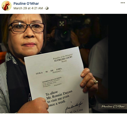 Screen grab of the doctored photo of Senator Leila de Lima. FACEBOOK