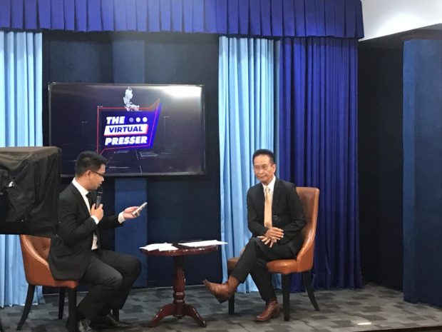 Presidential Spokesperson Salvador Panelo (right) is the guest during the pilot episode of ‘The Virtual Presser’ on April 15, 2019. PHOTO by Nestor Corrales/INQUIRER.net