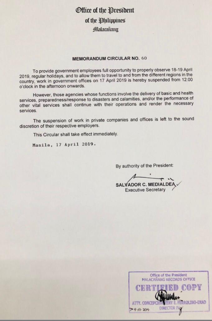Palace orders suspension of gov't work from noon onwards on Holy Wednesday
