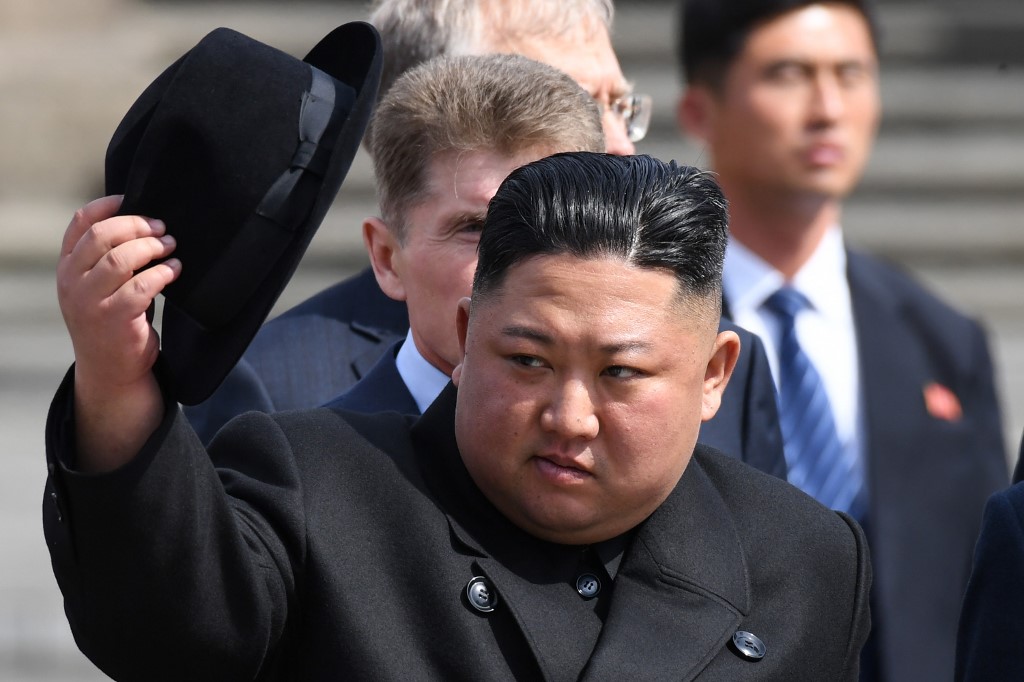 North Korean leader Kim Jong Un attends a ceremony upon his departure from Russia, outside the railway station in the far-eastern Russian port of Vladivostok on April 26, 2019. (Photo by Kirill KUDRYAVTSEV / AFP) north korea