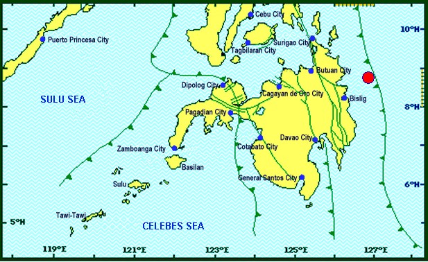A red dot shows the epicenter of the magnitude 4.1 underwater earthquake that struck east of the town of Marihatag in Davao del Sur on Saturday morning, May 11, 2019. PHIVOLCS IMAGE