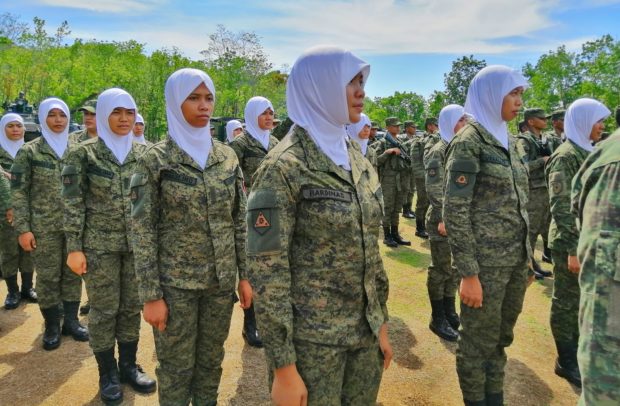 Hijab troopers were part of the 1st Infantry Division troops sent to secure the May 13 elections in parts of the Zamboanga Peninsula and Northern Mindanao. (Photo by LEAH AGONOY / Inquirer Mindanao)