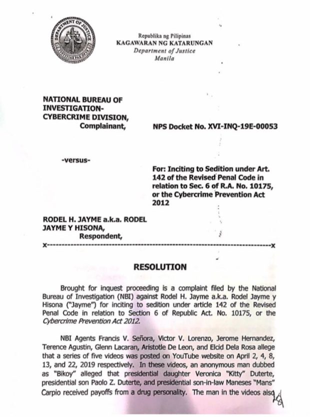 DOJ indicts Rodel Jayme over inciting to sedition case