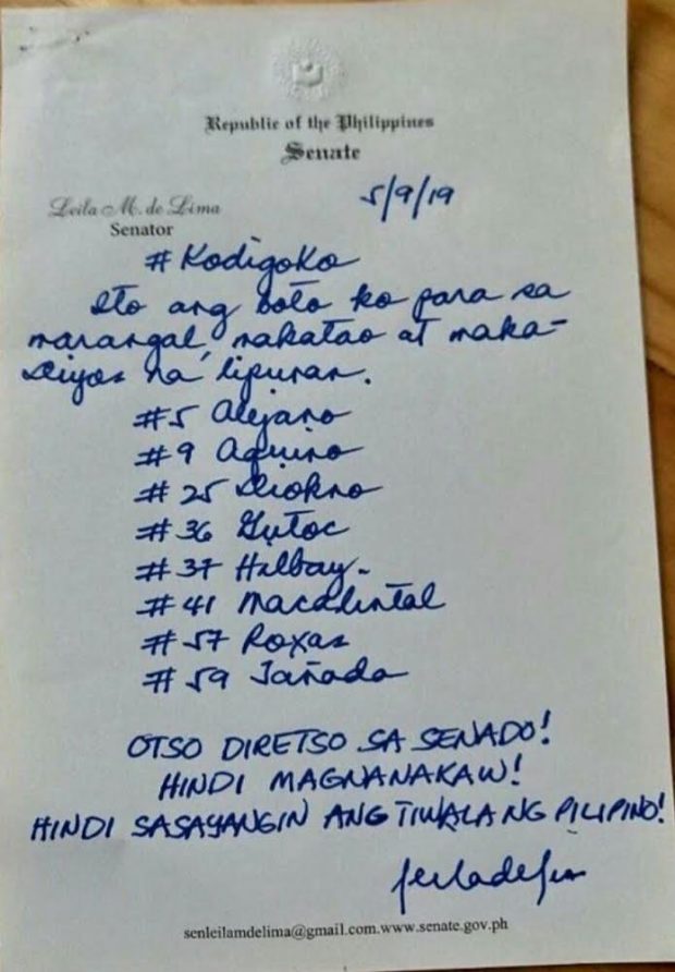 De Lima bares list of candidates she would vote for